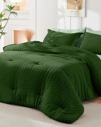 HYMOKEGE Dark Green/Sage Green Twin XL Comforter Set Seersucker 5 Pieces, All Season Luxury Bed in a Bag for Bedroom, Bedding Set with Comforter, Sheets, Pillowcase & Sham