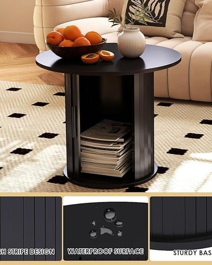 COSVALVE Round Wood Coffee Table 23.6IN with Hidden Storage & Sliding Door, Circle Farmhouse Side Table Sets for Living Room, Bedroom, Balcony, Small Spaces, Black