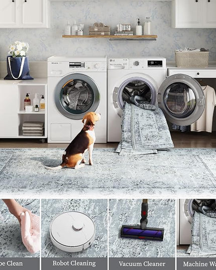 jinchan Fiora Hallway Runner Rug 3x10 Washable Runner - Vintage Floral Non Slip Low-Pile Soft Thin Faux Wool Kitchen Rug Distressed Carpet for Farmhouse Bedroom Laundry Room(3x10ft, Grey)