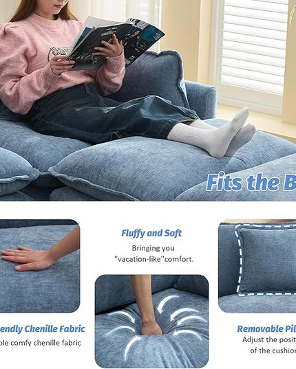 76'' Cloud Deep Seat Loveseat Sofa, Upholstered Chenille Modular 3-Seats Sectional Sofa Couch with Movable Ottoman, Modern Comfy Settee Loveseat for Living Room Set, Small Apartment, Blue