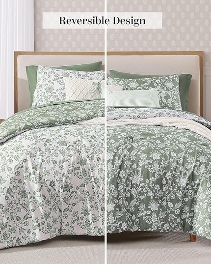 King Comforter Set -7 Pieces Floral Grey Green Comforter Set for All Seasons, Bed in a Bag King with Botanical Flowers Comforter, Sheets, Pillowcases & Shams