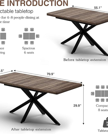 Extendable Dining Room Table for 4 6 8, 55"-70.9" Kitchen Table Rectangle Wood, Expandable Dining Table with Hidden Storage, Space Saving Farmhouse Kitchen Table for Kitchen Dining Living Room