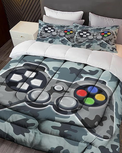 Sunnycitron Camo Grey Gamepad Gamer Comforter Set for Boys Gaming Bedding Set Teens Game Room Decor Twin (1 Comforter + 2 Pillowcase)