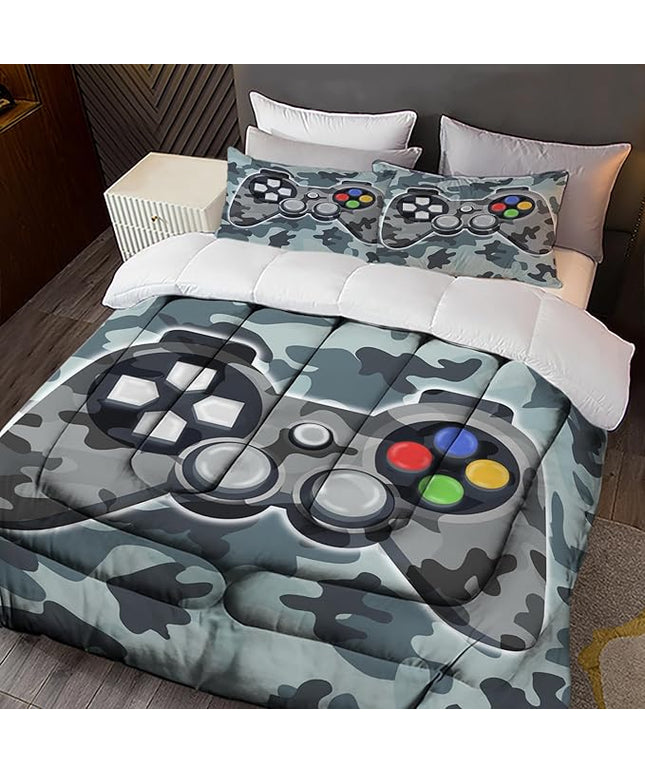 Sunnycitron Camo Grey Gamepad Gamer Comforter Set for Boys Gaming Bedding Set Teens Game Room Decor Twin (1 Comforter + 2 Pillowcase)