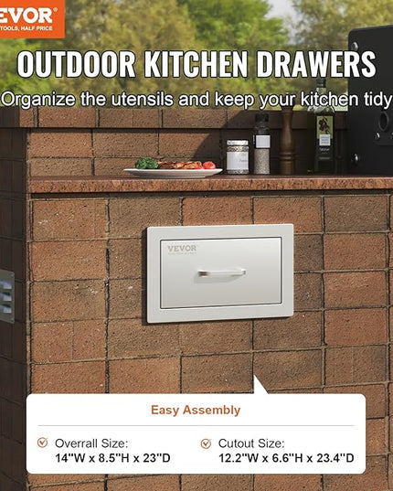 VEVOR 14x8.5 Inch Outdoor Kitchen Drawers Stainless Steel, Flush Mount Double Drawers,14W x 8.5H x 23D Inch, with Stainless Steel Handle, BBQ for Outdoor Kitchens or BBQ Island