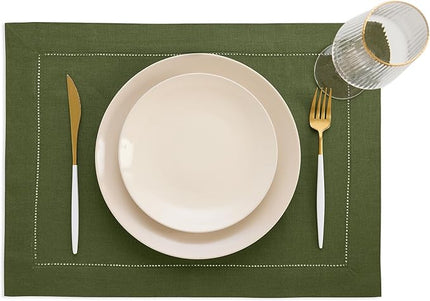 Solino Home Linen Cloth Placemats Set of 4-100% Pure Linen Hemstitch Olive Placemats 14 x 19 Inch - Classic Hemstitch Table Place Mats for Christmas, New Year