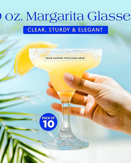 DISCOUNT PROMOS 10 Margarita Glasses Set, 9 oz. - Personalized Text, Logo - Classic, Smooth, Barware, Glassware - Clear