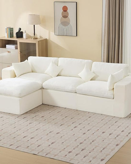 115''Cloud Boneless Sectional Couch, Modular Sectional Sofa Deep Seat with Ottoman, Oversized Upholstered Convertible Comfy 4 Seater Chenille Sofa L Shape Couches for Living Room, Beige