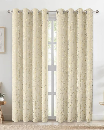 BUHUA Blackout Curtains Gold Tree Print Flower Grommet Drapes, Room Darkening Thermal Insulated Curtains, Noise Reducing Blackout Curtain for Bedroom, Beige, 52Wx63L, 2 Panels