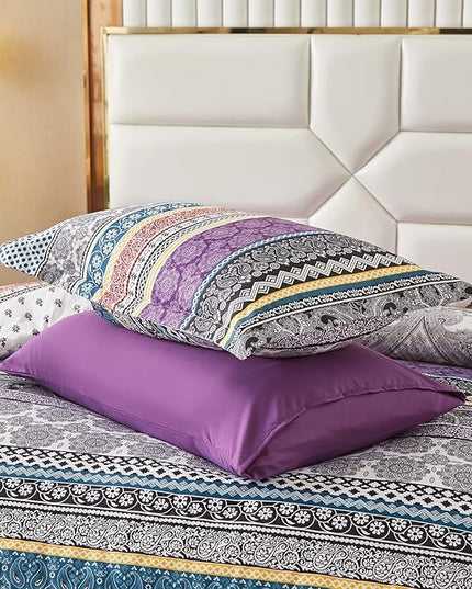Cottolester Boho Comforter Set Queen Size,8 Piece Bed in a Bag Bohemian Striped Bedding Quilt Set,Purple Paisley Floral Comforter and Sheet Set,Soft Microfiber Complete Bedding Sets for All Season