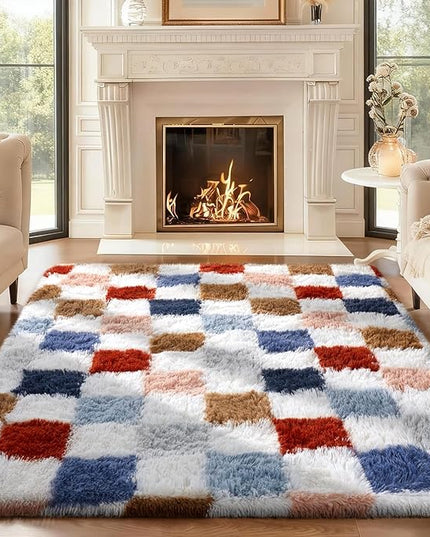 Ophanie Checkered Rainbow Rug for Living Room Bedroom, Colorful Fluffy Soft Cute Fuzzy Area Rugs, Shag Plush Shaggy Bedside Floor 4x6 Furry Carpet for Kids Baby Teen Dorm Nursery Home Decor Aesthetic