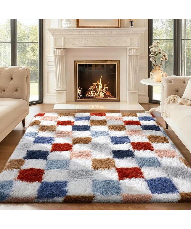 Ophanie Checkered Rainbow Rug for Living Room Bedroom, Colorful Fluffy Soft Cute Fuzzy Area Rugs, Shag Plush Shaggy Bedside Floor 4x6 Furry Carpet for Kids Baby Teen Dorm Nursery Home Decor Aesthetic