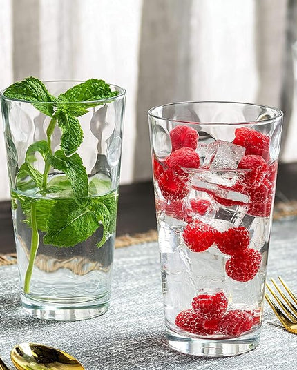 Set of 12 Elegant Everyday Stackable Drinking Glasses - Includes 4-17oz Highball Tumbler Glassware, 4-13oz DOF Rock Glasses, 4-7oz Juice Glasses for Mixed Drinks, Water, Beer, Wine.