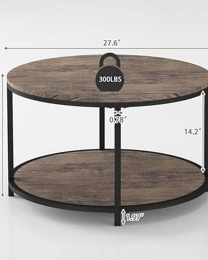 NSdirect Round Coffee Table, 27.5" Small Coffee Table for Living Room,2-Tier Rustic Wood Desktop with Storage Shelf Modern Design Home Furniture(Light Walnut)