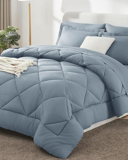 CozyLux Queen Comforter Set Dusty Blue - Bed in a Bag Queen Size 7 Pieces, Luxury Soft Bed Set for All Seasons, Bedding Set with Down Alternative Comforter, Sheets, Pillowcases & Shams, Grayish Blue