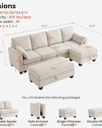 CHIC HOUSE Corduroy Modular Sectional Couch with Ottoman Chaise, L/U Shaped Sleeper Sofa for Living Room, Apartment, Lounge, Modern Armrest Neck Support Furniture (7 Seater Sectional, Beige)
