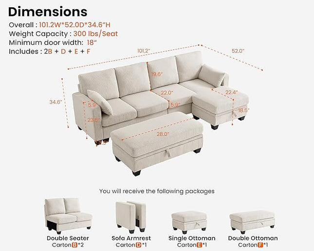 CHIC HOUSE Corduroy Modular Sectional Couch with Ottoman Chaise, L/U Shaped Sleeper Sofa for Living Room, Apartment, Lounge, Modern Armrest Neck Support Furniture (7 Seater Sectional, Beige)