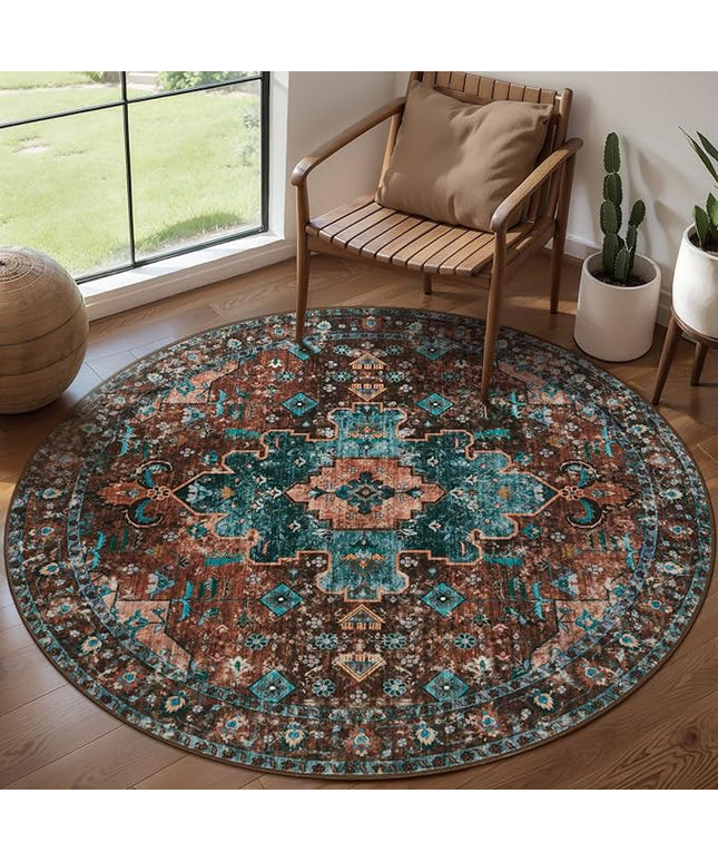 Ciicool Boho Area Rug 4x4ft Round Washable Bedroom Non-Slip Vintage Entryway Throw Low-Pile Indoor Carpet for Living Room Foyer(Brick Red/Dull Teal)
