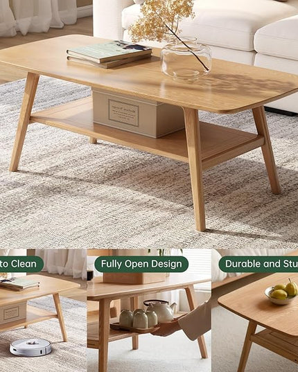100% Solid Oak Wood Coffee Table for Living Room, 2-Tier Coffee Tables with Shelf Storage, Mid Century Modern Table with Rounded Corners (Natural Colour, 47.24" W x22.05 D x 17.32" H)