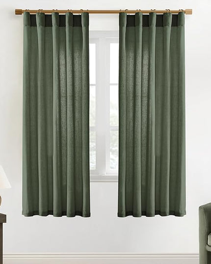 XTMYI 72 Inch Curtains Pleat,Boho Semi Sheer Curtains 72 Inches Long,Window Sheers French Door Curtain Drapes 72 in Length 2 Panel Set for Bathroom Shower Bedroom Living Room,6 FT,Olive Green