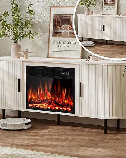 65" Fluted Fireplace TV Stand for TVs Up to 75 inches, Modern Entertainment Center with 23" Electric Fireplace, Wooden Curved TV Console with Sliding Doors for Living Room, White
