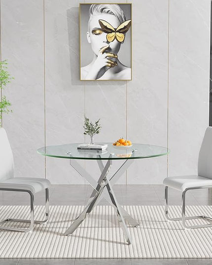 HomVent 3 Piece Round Glass Dining Table Set, Round Glass Kitchen Table Set for 2 with 2 PU Upholstered Dining Chairs for Kitchen Dining Room