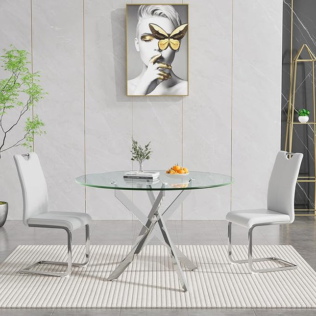 HomVent 3 Piece Round Glass Dining Table Set, Round Glass Kitchen Table Set for 2 with 2 PU Upholstered Dining Chairs for Kitchen Dining Room