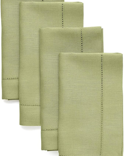 Solino Home Linen Napkins Set of 4 - Classic Hemstitch 100% Pure Linen Moss Green Dinner Napkins Cloth 20 x 20 Inch for Winter - Handcrafted and Machine Washable