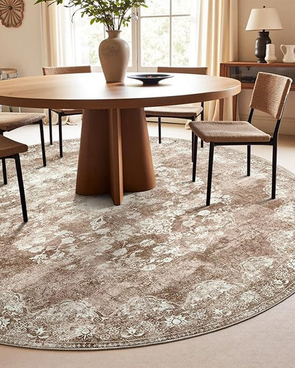 jinchan Round Rug 7ft Area Rug - Brown Vintage Floor Mat Kitchen Indoor - Washable Circle 7' Thin Floral Print Carpet Retro Farmhouse Non Slip Dining Room Living Room Bedroom Office