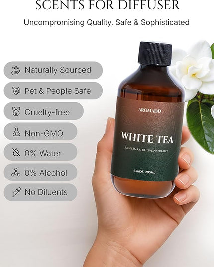 Aromadd White Tea Diffuser Oil Inspired by Luxury Hotel Scent, Essential Oils for Waterless Diffuser, White Tea & Bergamot, Long-Lasting & Natural Home Fragrance - 6.76 fl oz (200 mL)