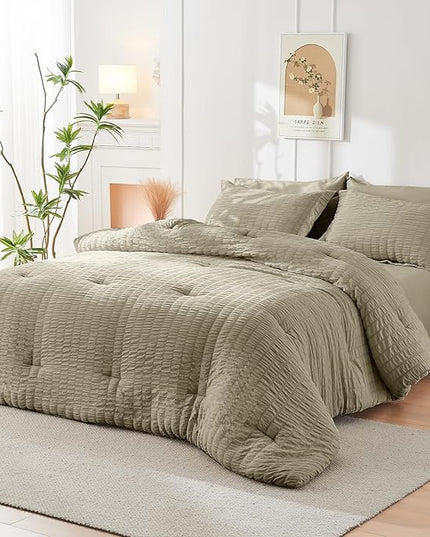 HYMOKEGE Linen California King Comforter Set Seersucker 7 Pieces, All Season Luxury Bed in a Bag for Bedroom, Bedding Set with Comforter, Sheets, Pillowcases & Shams