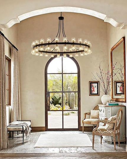 48" Wagon Wheel Chandelier Black Wagon Wheel Chandelier with Crystal Shade, 48 Lights, Modern Farmhouse Style, Ideal for Dining Room, Kitchen, Entryways