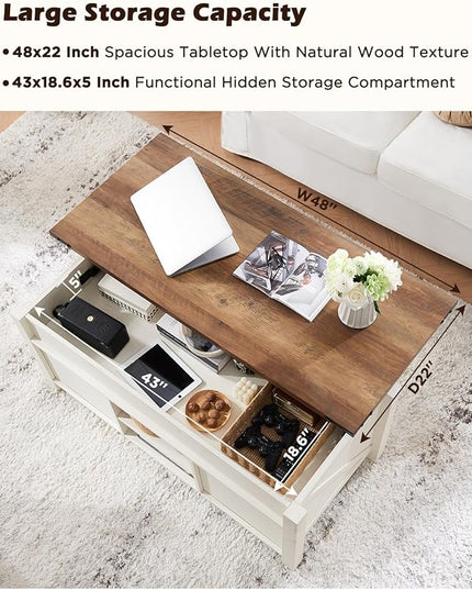 OKD 48" Farmhouse Lift Top Coffee Table with Sliding Barn Door,Rustic Center Table with Hidden Storage Compartment,Lifting Tabletop and Adjustable Shelf for Living Room,Office,Antique White