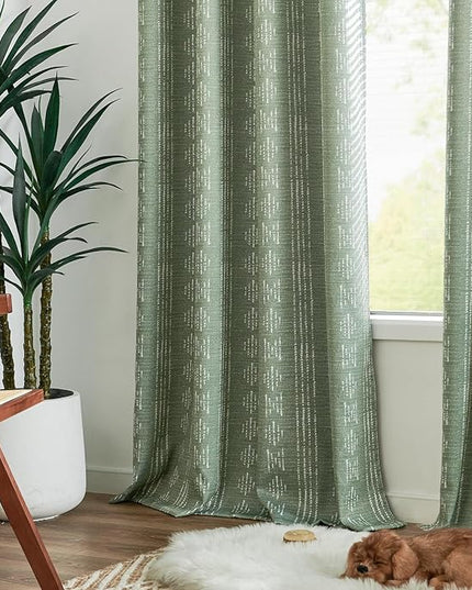 jinchan 95% Blackout Boho Curtains 96 Inch Length for Bedroom White on Sage Green Geometric Printed Grommet Top Room Darkening Thermal Insulated Window Drapes 2 Panels
