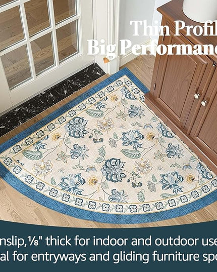 jinchan Elora Floral Corner Rug for Entryway Washable Rug Vintage Romance Design Non Slip Quarter Circle Lightweight Low-Pile Throw Carpet for Playroom Reading Nook Nursery, 4ft Radius, Blue/Beige