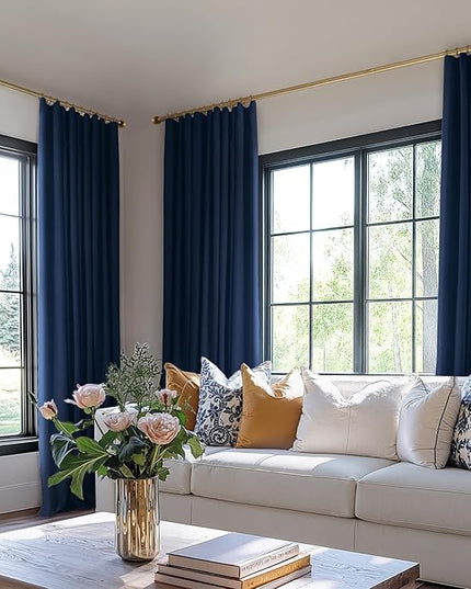 INOVADAY 100% Blackout Curtains for Bedroom, Black Out Curtains 96 Inch Long, Clip Rings Linen Blackout Drapes, Thermal Insulated Room Darkening for Living Room, 2 Panels - Midnight Blue,W50xL96