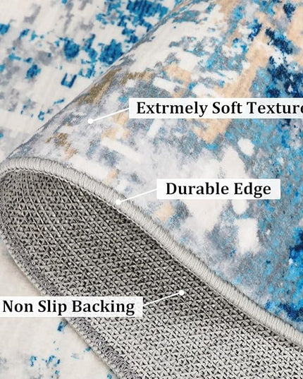5x7 Modern Abstract Faux Wool Rug Ultra-Soft Low Pile Accent Rug Stain Resistant Carpet Machine Washable Rugs for Bedroom with Non Slip Backing, Blue/Grey