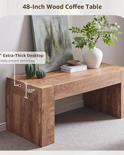 OKD 48" Modern Farmhouse Coffee Table, Wooden Living Room Table with Hidden Storage Drawer, Rustic Rectangular Center Tables w/Wood Thick Design for Living Room, Office, Light Knotty Wood