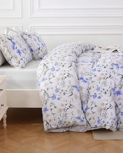 MUXHOMO Blossom Blue Bed in a Bag King 7 Pieces, King Comforter Set Reversible Botanical Flowers Design, Ultra Soft & Breathable Bedding Sets with Comforter, Sheets, Pillowcases & Shams