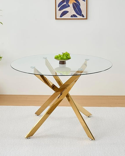 47.24" Round Glass Dining Table Modern Kitchen Glass Top Table for 6 with Gold Chrome Metal Legs, Clear Dining Table Kitchen Table for Home Office Dining Room