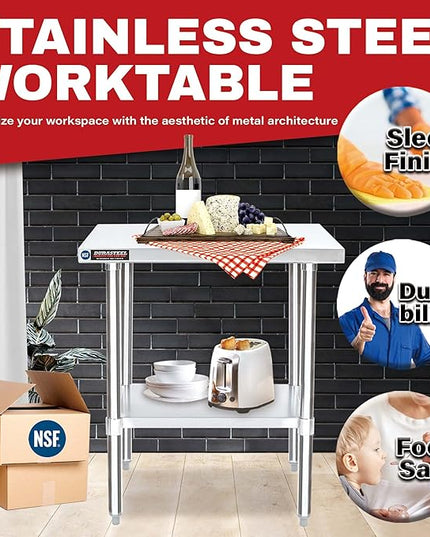 DuraSteel 30x24 Small Stainless Kitchen Island - NSF Outdoor Grill Work Station with Under Shelf - Metal Microwave Stand - For Laundry Room, Kitchen, Garage, Restaurant