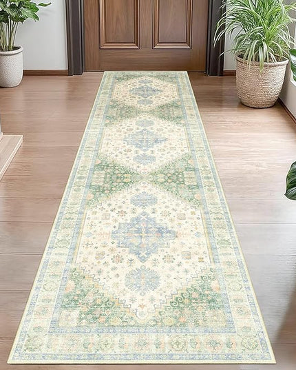 MUJOO Washable Runner Rug,2x8 Runners for Kitchen Bathroom Hallway Bedroom Entryway Laundry,Non Slip Long Mat Indoor,Boho Throw Carpet Low Pile Light Green and Blue