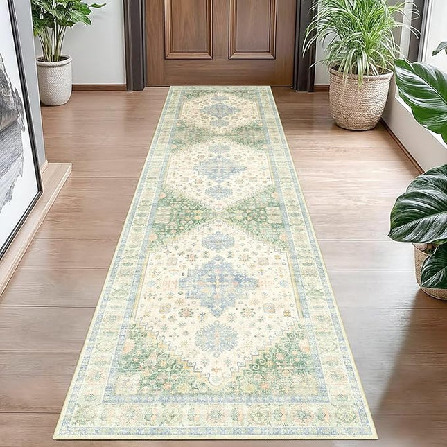 MUJOO Washable Runner Rug,2x8 Runners for Kitchen Bathroom Hallway Bedroom Entryway Laundry,Non Slip Long Mat Indoor,Boho Throw Carpet Low Pile Light Green and Blue