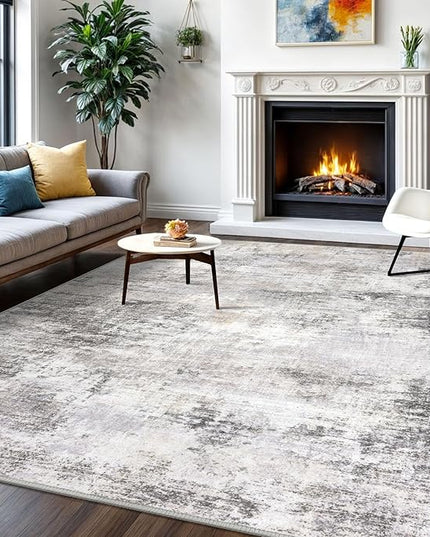 IOHOUZE Abstract Area Rugs 6x9 Ft Washable Rugs for Living Room, Non Slip Dining Room Rug, Printed Faux Wool Rugs for Bedroom, Floor Carpet for Office Nursery Playroom, Grey Beige