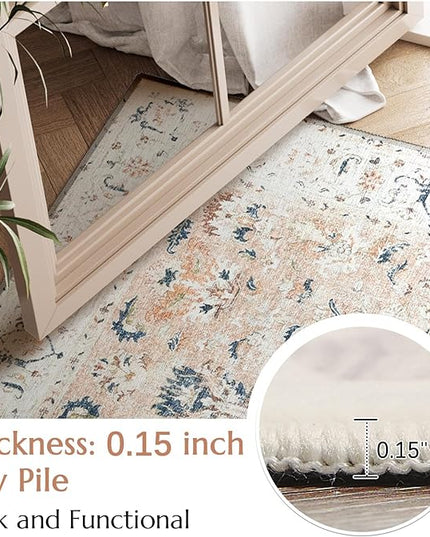 jinchan Area Rug 3x5 Entryway Rug - Washable Vintage Boho Floral Floor Cover Lightweight Low Pile Indoor Doormat Thin Non-Slip Carpet for Kitchen Living Room Bedroom Dining Room Office Pink Blush