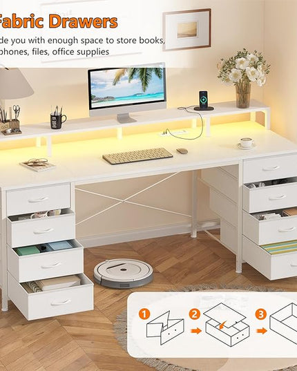 60 Inch Computer Desk with 8 Fabric Drawers, Gaming Desk with LED Lights & Power Outlets, Home Office Desk with Monitor Stand, White