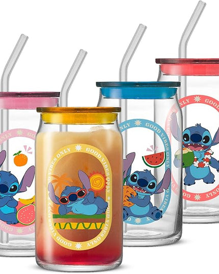 JoyJolt Disney Stitch Island Vibes Glass Tumblers with Lids and Straws, 16oz Glass Cups with Lids and Straws, Can Shaped Drinking Glasses Set of 4, Stitch Stuff, Disney Gifts for Adults