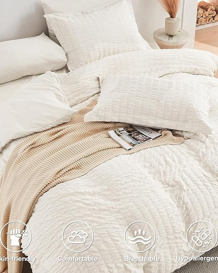 HYMOKEGE Ivory Full Size Comforter Sets Seersucker 7 Pieces, All Season Luxury Bed in a Bag for Bedroom, Bedding Set with Comforters, Sheets, Pillowcases & Shams