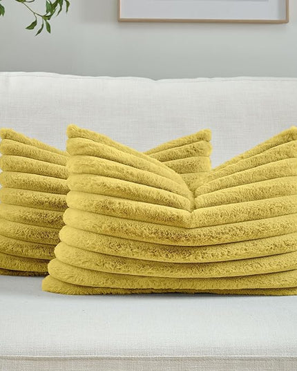 FUTEI Mustard Yellow Throw Pillow Covers Set of 2, 12x20 Inch Striped Texture Lumbar Pillow Cases with Soft Faux Rabbit Fur Front & Velvet Back, Modern Decorative Couch Pillows for Living Room