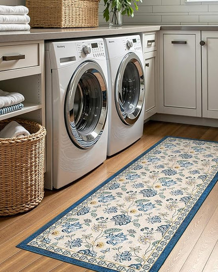 jinchan Elora 2x5 Floral Runner Rug for Hallway Washable Kitchen Runner Vintage Romance Design Non Slip Thin Indoor Floor Cover Low-Profile Throw Carpet for Entryway Bathroom Bedroom Porch, Blue/Beige